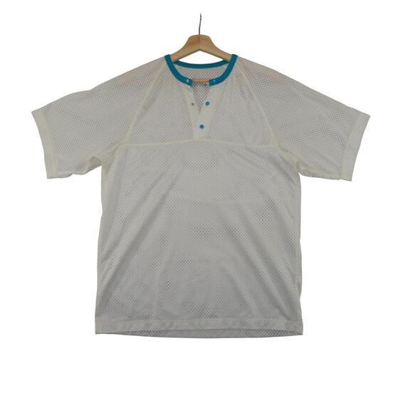 Vintage REI White Mesh Henley Shirt with Teal Snap Collar – Size - Picture 1 of 3
